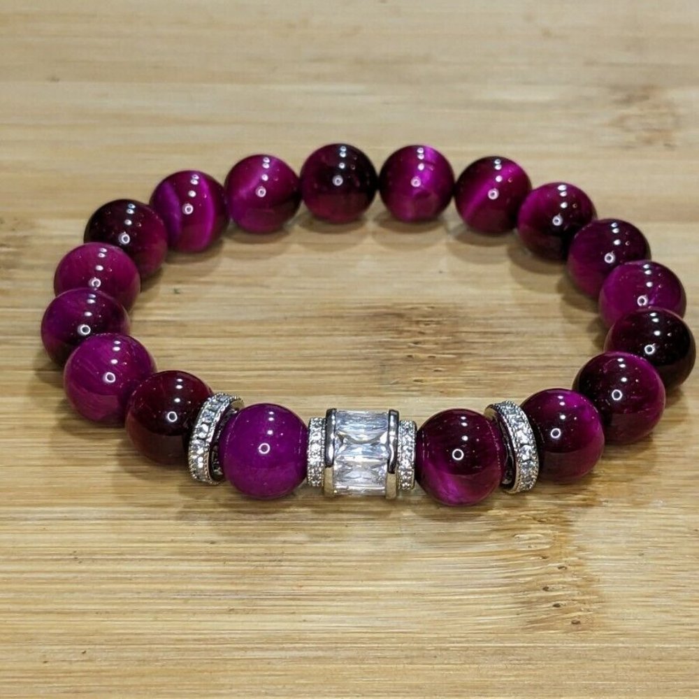 New Women's New Pink Tiger's Eye Baguette Pave Agate Bracelet 10mm